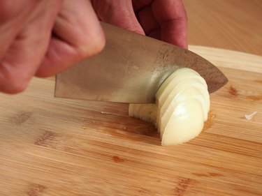 Slicing Onion. Making Stuffing. Preparation Meat Dumplings.