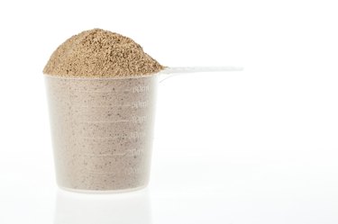 Scoop of chocolate whey protein powder