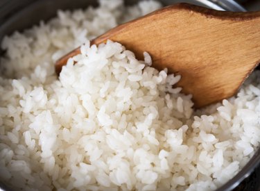 White rice in a metal pan.