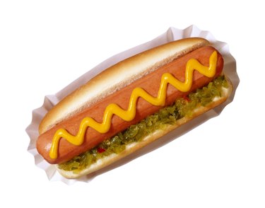 Hot dog with mustard and relish