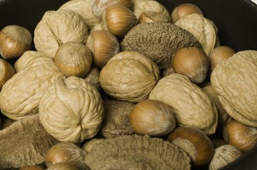 Mixed edible nuts in shells close-up