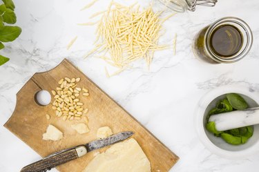 Pesto alla genovese, basil, parmesan, pine-nuts, olive oil and trofie-noodles