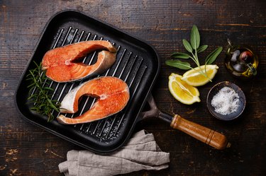Raw salmon Steak on grill pan