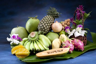 All season Thai fruits arranges on the banana leaf