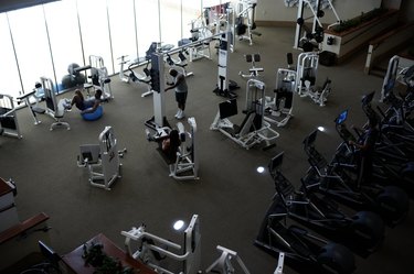 People working out in gym, elevated view