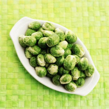 Elevated view of a bowl of Brussels sprouts