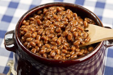 Pot of Baked Beans on a Blue Gingham