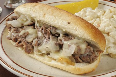 Closeup of a Philly cheese steak sandwich