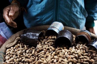 Close up of hand with peanuts in sack