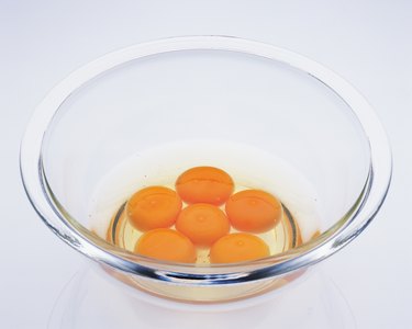 Six Raw Eggs in the Glass Bowl, High Angle View