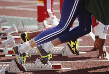 Two runners at starting blocks, Seoul Olympics, Close-up of legs