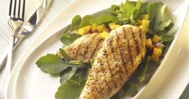 Close-up of grilled chicken breasts on a plate