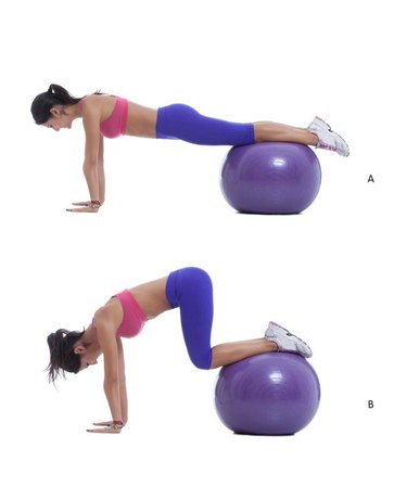 Step by step instructions for abs: Start in a push-up position with your feet up on the ball. Make sure that you engage your core and raise your hips so your back is flat before you begin. (A) Keep your back flat and try not to raise you hips as you draw your knees into your chest. (B)