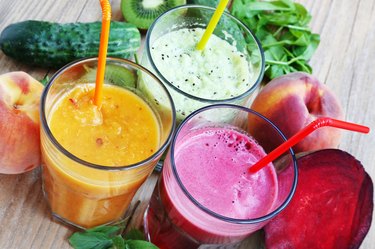 Fresh Detox Juices with Beet, Peaches, Spinach and Kiwi