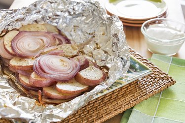 Grilled potatoes and onions