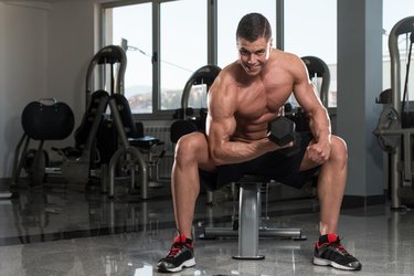 Young, physically fit bodybuilder working out biceps with dumbbell concentration curls.