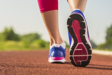 Close up of running shoes in use