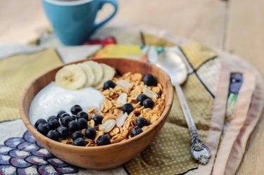 Homemade oatmeal granola with peanuts, blueberry and banana