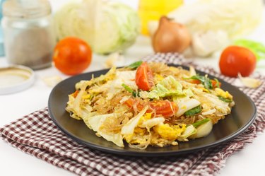 Dish of stir fried vegetables and mung bean noodles