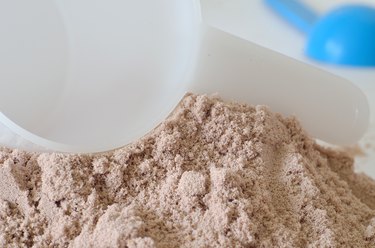 White scoop in heap of chocolate protein powder
