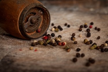 Spice and pepper grinder on wooden background