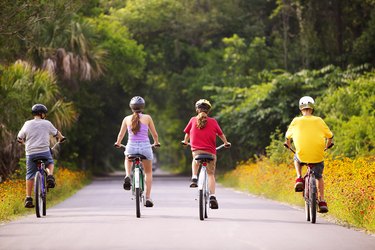 Rear view of four children riding bicycles away from the viewer