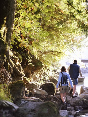 Couple on hike, walking on rocks along river, rear view