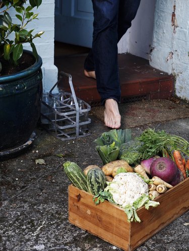 Low section of person walking towards crate of vegetables outside house