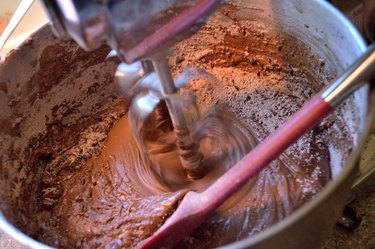 Mixing homeade chocolate cake in stainless steel stand mixer