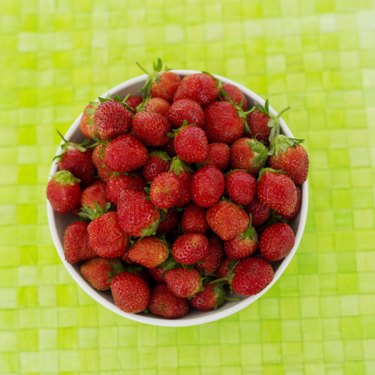 high angle view of strawberries in a bowl