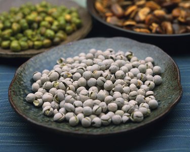 Image of Three Plates, Each With Different Kinds of Peas and Beans, High Angle View, Differential Focus