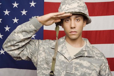 Soldier saluting by American flag