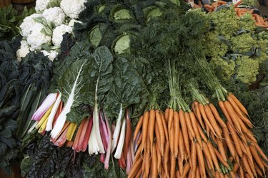 Carrots, chard, artichokes, greens and cauliflowers, full frame