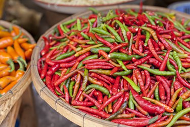 Food market with fresh chili peppers