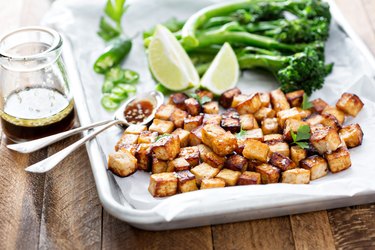 Stir fried tofu in a baking pan