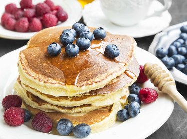 Honey Pancakes with Blueberries and Raspberries