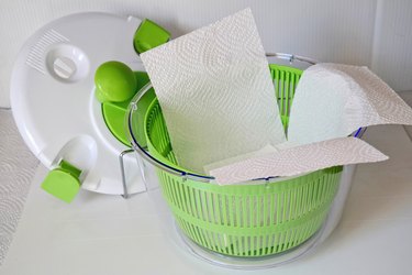 paper towels in a salad spinner