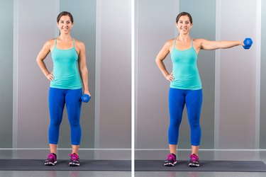 Woman performing one-armed lateral raise.