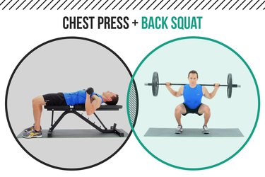 Man demonstrating how dumbbell chest presses and back squats as a superset