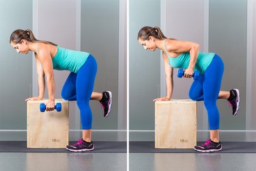 Woman performing one-armed dumbell row.