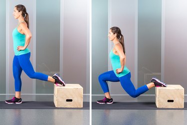 Woman performing Bulgarian split squat.
