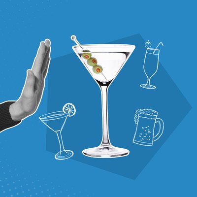 Hand rejecting martini with olives mixed media image