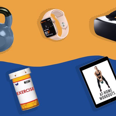 illustration of 2020 fitness trends, including kettlebells, VR headset, and high-tech at-home workouts