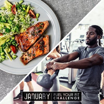 split image of healthy protein and man doing strength-training workout with kettlebell