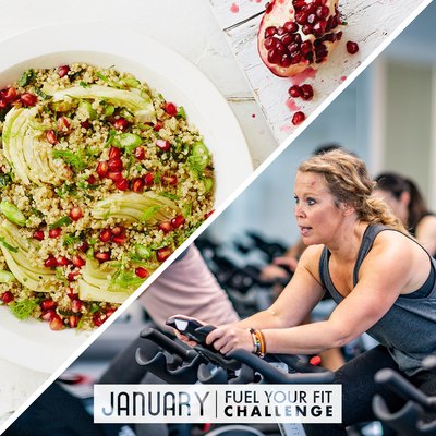 split image of healthy carb quinoa bowl and woman doing cardio workout on stationary bike