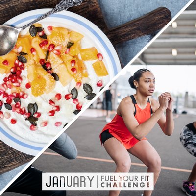 split image of energy-boosting food bowl and women doing a HIIT workout