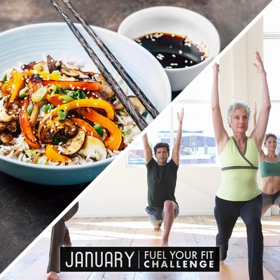 split image of balanced meal and women and men doing a yoga recovery workout
