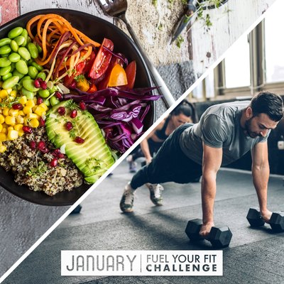 split image of nutritious meal and man doing a strength-training HIIT workout