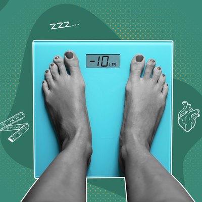 A person's feet on a bathroom scale, with illustrations of what happens when you lose 10 pounds