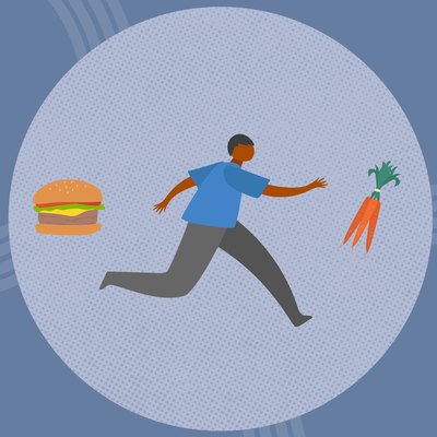 concept illustration of going vegan with person running from burger toward carrots